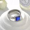 Wedding Rings Punk Style Big Square Blue Crystal För Kvinnor Rostfritt Stål Män Silver Färg Finger Smycken