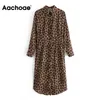 Lady Fashion Leopard Dresses Autumn Spring Straight Midi Batwing Long Sleeve Office Shirt Dress Vestidos Mujer 210413