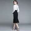 Vår sommar mode eleganta kvinnor långärmad v-hals spetsstygn ruffled fishtail klänning 210531