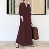 Casual Dresses Kvinnor Långärmad Maxi Klänning Ficka Solid Färgknappskjorta Ankel Loose Large Plus Storlekar Hög kvalitet