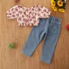 Ensemble de vêtements d'été pour petites filles, haut à fleurs, épaules dénudées, manches courtes, pantalon en Denim déchiré, 2021