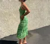 Paisley print stickad klänning kvinnor grön y2k sommar sexig bodycon ärmlös spaghetti strap strand fest midi klänningar 2021