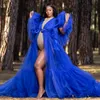 Bleu Royal Tulle Robes De Bal Col En V Manches Bouffantes Robe De Maternité Pour Photo Shoot Sheer Sexy Robe De Grossesse De Mariée Sur Mesure