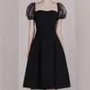 패션 우아한 스퀘어 칼라 섹시한 작업 블랙 드레스 여성 사무실 숙녀 슬림 레이스 퍼프 슬리브 드레스 Vestidos 210520