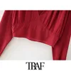 TRAF Women Sexy Fashion Deep V Neck Cropped Blouses Vintage Long Sleeve Back Elastic Hem Female Shirts Chic Tops 210415