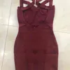 Vestido de vendaje de vino con cuello en V sexy para mujer Vestido de fiesta vintage de celebridad de noche de diseñador de punto Vestidos 210331