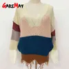 Jesień i zimowy Sweter Kontrastujący kolor Pulling Color Pulower V-Neck Batwing Rękaw Broken Pluiter Plus Size 210428