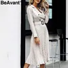 BeAvant V-neck plaid blazer dress women Long sleeve elegant pleated dresses office ladies belt Autumn winter vestidos robe 210709