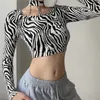 Zebra paski drukowane wycięte Y2K Halter Crop Top Summer Fashion Damska koszulka dla dziewczyn z długim rękawem koszulka tee streetwear 210510