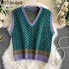 Matakawa vintage vrouwen trui losse mode argyle trui vest Koreaanse mouwloze vest jas herfst winter gebreide top 210513