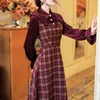 Yosimi vintage plaid vrouwen jurk mid-kalf herfst winter preppy stijl nep set vestidos fluwelen lange mouw elegante jurken 210604