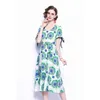 Women Designer Elegant Blue Rose Belt V Neck Puff Sleeve Sexy Cocktail Party Robe Female Vintage Print Chiffon Dress Vestidos 210525