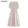 Japanska Mori Girl Summer Women Cute Dress Ribbon Bow Peter Pan Collar Pink Yellow Plaid Midi Flare Sleeve Kawaii es 210520