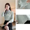 Koreanska Kvinnor Blusskjortor Chiffon Blusar Kvinna Långärmad Kvinna Striped Blouse Ladies Bow Slips Toppar Plus Storlek XXL 210604