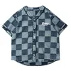 Harajuku couleur bloc Plaid lavé Jean chemises hommes et femmes col en V à manches courtes surdimensionné été chemise à carreaux décontracté Denim t-shirt