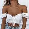 Off Shoulder Fashion Lace Up Shirts Bandage Blouse Women White Crop Tops Blouses Clothes Vintage Tie Front Tops 210514