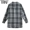 Kvinnor mode med fickor överdimensionerade Tweed Jacket Coat Vintage Långärmad Frayed Hem Kvinna Ytterkläder Chic Toppar 210507