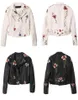 Ailegogo Printemps Automne Fleurs Broderie Pu Veste En Cuir Femmes Col Rabattu Rivet Zipper Noir Biker Manteaux Tops Vêtements 210909