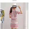 Sommer Geometrische Gestrickte Kurzarm Süße Kleid Frauen Rüschen Trim Rosa Schöne Weibliche Vestidos 210520