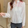 Women's Blouses & Shirts 2022 Casual White Slim Lace Women Autumn Korean Style Elegant V-neck Long Sleeve Embroidered Shirt 11301