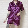 Spring Summer Women Faux Silk Pajamas Set Simple Pure Color Leisure Nightwear Short Sleeves Silky Sleepwear 210809