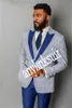 Classic Style One Button Light Blue Plaid Groom Tuxedos Peak Lapel Wedding/Prom/Dinner Groomsmen Men Suits Blazer (Jacket+Pants+Vest+Tie) W1450