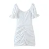 Summer White Metal Hook Buttons Dropped Ruched Dress Ladies Short Sleeve Bodycon Package hips Mini Dresses Holiday Cotton 210429