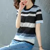 여성 셔츠 플러스 사이즈 스트라이프 의류 O 넥 짧은 소매 셔츠 얼음 실크 뜨개질 Tshirt Streetwear 3541 50 210528