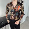 Koszula z nadrukiem w liście Fashion Designer Flower Luxury Royal Men Tuxedo Camisas Club Odzież Z długim rękawem Slim Casual Wear