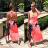 Vrouwen Tie Dye Print Sexy Lange Jurk Backless Bandage Maxi Jurken Mouwloze Vintge Vestidos Beach Party Club Outfis Sundress A155