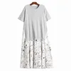 [EAM] Women Blue Big Size Spliced Pleated Print Dress Round Neck Short Sleeve Loose Fit Fashion Spring Summer 1DD7241 21512