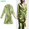 Vuwwyv wrap jurk vrouw groene print geplooide korte jurken vrouwen zomer lange mouw uitgaan dames mini vintage 210430