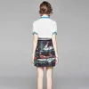 Summer Vintage Flower Birds Printed Two Pieces Suit Women Short Sleeve Bow Collar Shirt Top + Mini A-Line Black Skirt Set 210416