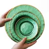 Gold Rim Green Glass Charger Plates Dishes Creative Cold Grain Modeled Glassware Dining Table Decor Wedding Supplies HotPink Blue Black