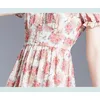 Sweet Short Puff Sleeve Summer Dress Women Square Collar Floral Embroidery Printed Pearls Button Pink Chiffon Sundresses 210416