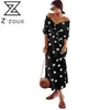 Kobiety Dress Dot Printing Czeski Z Długim Rękawem Off Ramię Maxi Es Lace Up High Waist Slim Es Lato 210513