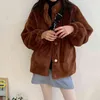 Women Brown Blue Faux Fur Coat Outwear Button Warm Thick Stand Collar Pocket Solid C0374 210514