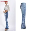 Haft Rozciąganie Flare Jeans Kobiety Elastyczność Bell-Dna Dżinsy Dla Dziewczyn Lekkie Niebieskie Spodnie Damskie Dżinsy Duży Rozmiar # 72 H0908