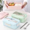 Boîte à lunch Conteneur de stockage de nourriture à micro-ondes avec cuillère baguettes paille de blé vaisselle enfants enfants école bureau bento boîte 210818