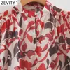 Kobiety Moda O Neck Flower Print PathCwork Szyfonowa Smock Bluzka Biuro Panie Koszule Chic Blusas Topy LS7373 210416