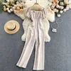 Damesmode geplooide vierkante kraag Hoge taille dunne korte mouwen lange jumpsuit effen kleur breed-poten overalls S416 210527