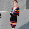 Koreanische Chic Frauen Elegante Sexy V-ausschnitt Strick Kleider Winter Bodycon Candy Farbe Streifen Schlank Vestido Da Festa 210520