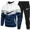 Men Tracksuit Casual 2 Pieces Sets Sweatshirt Hooded Sweatpants Print Sportswear Mens Clothes Solid Jogger Sport Suit