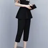 Летние ol Два куска набор женщин плюс размер 5xL мода леопардовый лоскутная туника шнурок верхней части + брюки костюм корейский рабочие настройки 210513