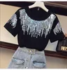 Plus Size L-4XL Summer Office Ladies 2 piece set Sequined Short Sleeve T-Shirt Top And High Waist A-Line Denim Skirt Suit 210518