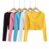 korean T-shirt women Summer Women's Single-Breasted Top Slim-Fit V-neck Short Long-Sleeved Cardigan Full T-shirt 210514