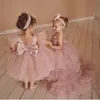 Blush Pink Hi Lo Girl's Pageant Dresses Lace Appliques Tiered Skirts Puffy Ball Gown Girls Birthday Party Dress Custom Made