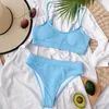 Ribbel Tweedelige Pakken 2023 Sexy Bikini Set Hoge Taille Geplooid Golvend Neon Groen Badpak Dames Bandage Strandkleding Monokini Badmode Push Up Badpak Biquinis S M L