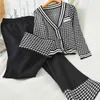 Houndstooth Koreański Dwuczęściowy Zestawy Stroje Kobiety Single-Piersed Cardigan + Szerokie nogi Spodnie Garnitury Moda Eleganckie Ladies 210513