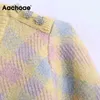 O Neck Plaid Kobiety z długim rękawem Casual Ciepłe Dzianiny Topy Ladies Elegancki Sweter Sweter Jumper Jersey Mujer 210413